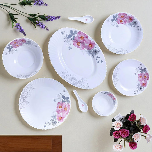 Born Chef Pack of 33 Opalware White Ceramic Dinner Set – 33 Pc Oval Striped Design