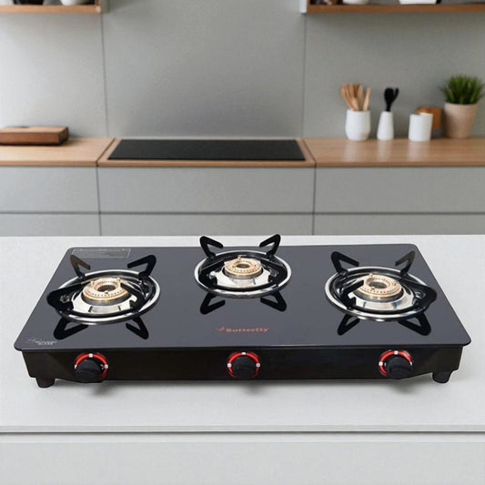 Butterfly 3 Burner Glass Top Gas Stove | Manual Ignition, Brass Burners