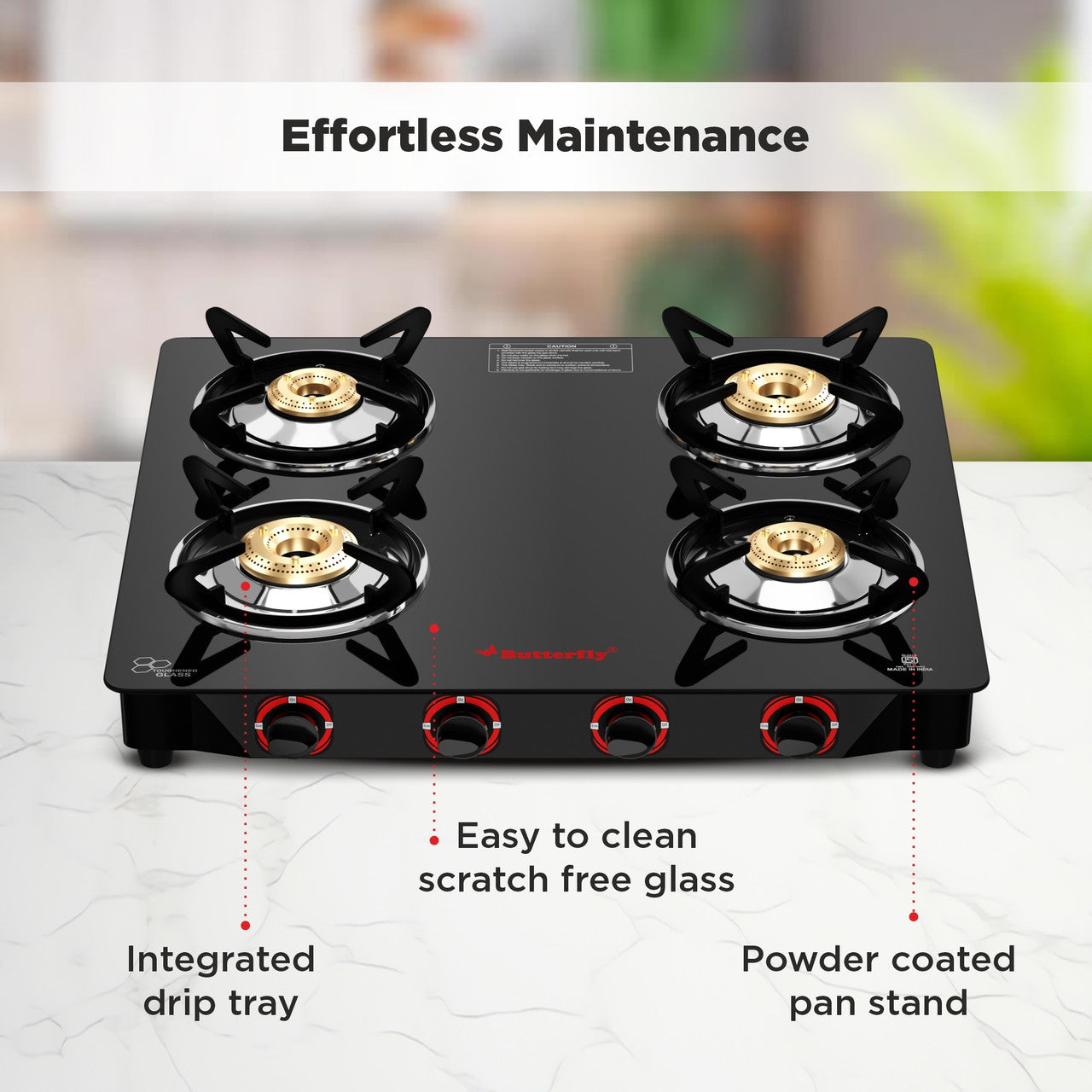 Butterfly Rapid 4 Burner Glass Top Gas Stove | Manual Ignition, Brass Burners, Black