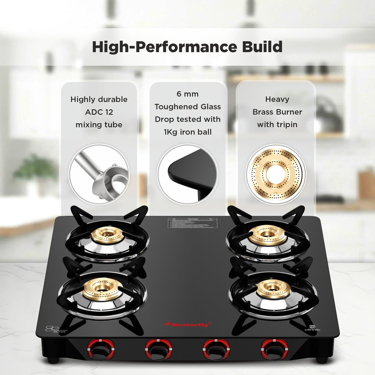 Butterfly Rapid 4 Burner Glass Top Gas Stove | Manual Ignition, Brass Burners, Black