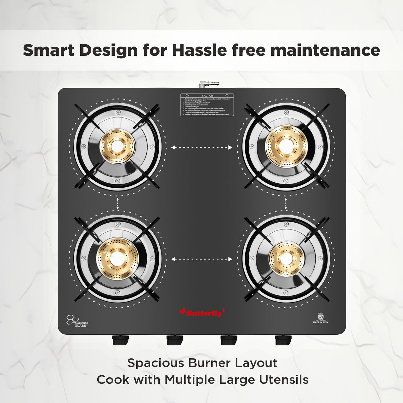 Butterfly Rapid 4 Burner Glass Top Gas Stove | Manual Ignition, Brass Burners, Black