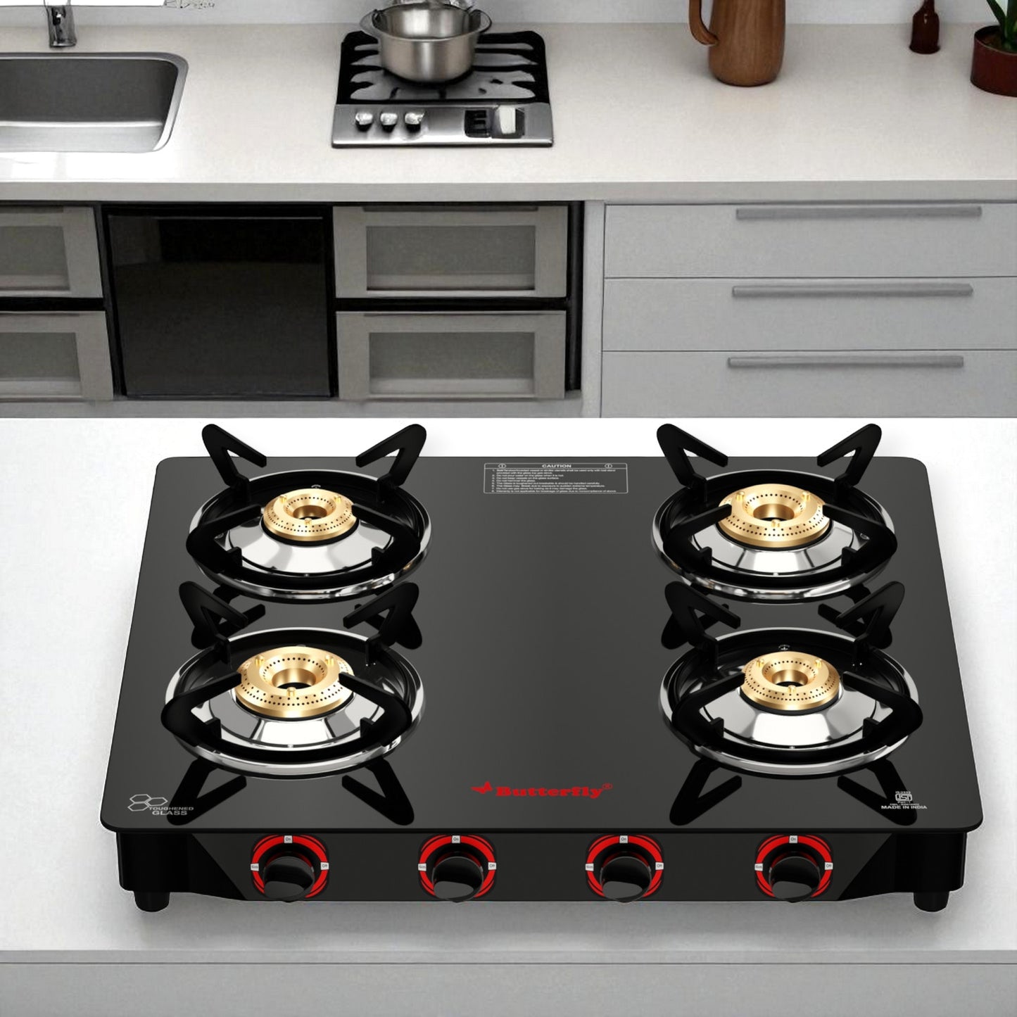 Butterfly Rapid 4 Burner Glass Top Gas Stove | Manual Ignition, Brass Burners, Black