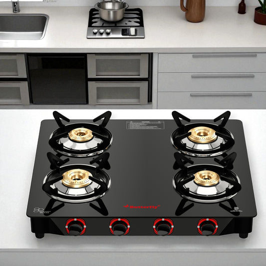Butterfly Rapid 4 Burner Glass Top Gas Stove | Manual Ignition, Brass Burners, Black