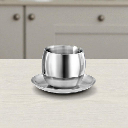 Stainless Steel 4 PCS Double Wall Cup & Saucer Set – Premium SS Cup Set for Tea & Coffee