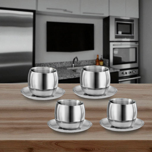 Stainless Steel 4 PCS Double Wall Cup & Saucer Set – Premium SS Cup Set for Tea & Coffee