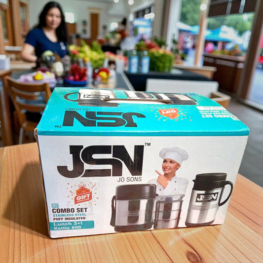 JSN Stainless Steel Lunch Combo Set 3+1 with Puff Insulated 800ml Kettle