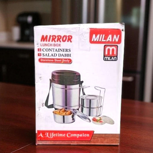 Milan Mirror Lunch Box with 3 Containers + 1 Salad Dabbi – Stainless Steel Three Compartment Lunch Box