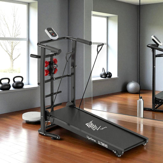 Foldable Treadmill – Manual Treadmill with 2 Incline Levels | 100 Kg Capacity (Black)