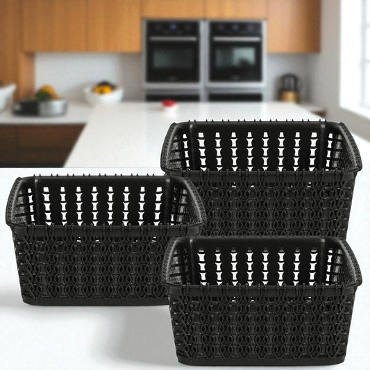Mini Black Multipurpose Sturdy Woven Storage Baskets – Rectangular Plastic Organizer (Pack of 3)