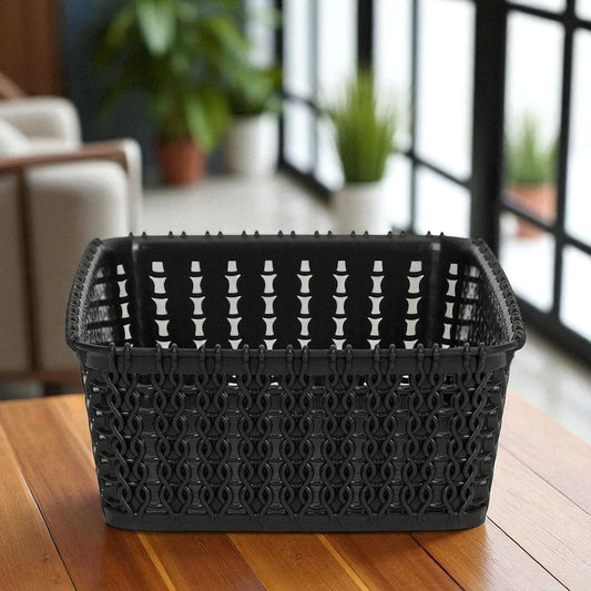 Mini Black Multipurpose Sturdy Woven Storage Baskets – Rectangular Plastic Organizer (Pack of 3)