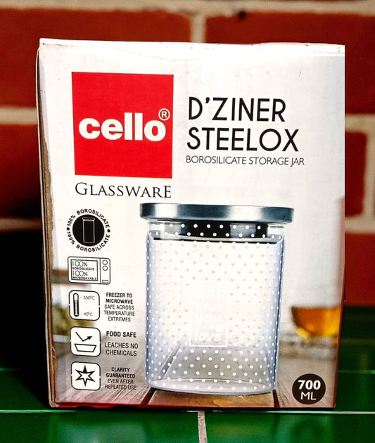 Cello Dziner Steelox Borosilicate Storage Jar – 700ml | Premium Kitchen Storage