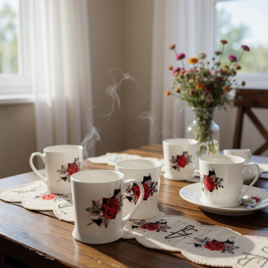 Rose Inspired White Ceramic Coffee Cup with Coaster – Birthday & Anniversary Gift