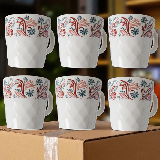 Floral Tea Cups - White Tea Cup Set of 6 | Lightweight & Microwave Safe