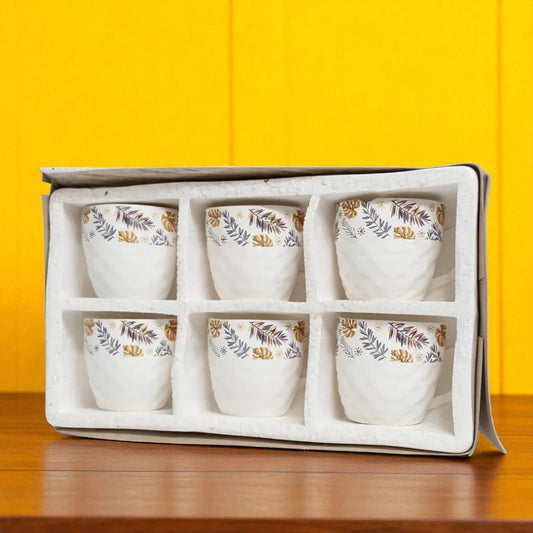 Leaf Tea Cups - White Tea Cup Set of 6 | Leaf Designed Lightweight Cup Set
