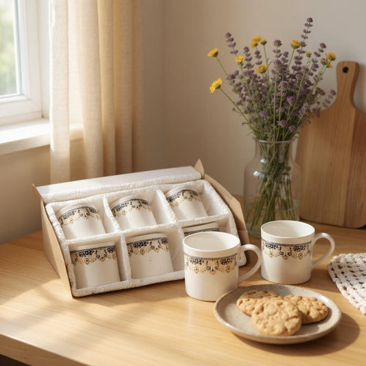 White Tea Cup Set - Pack of 6 Leaf Design Cups