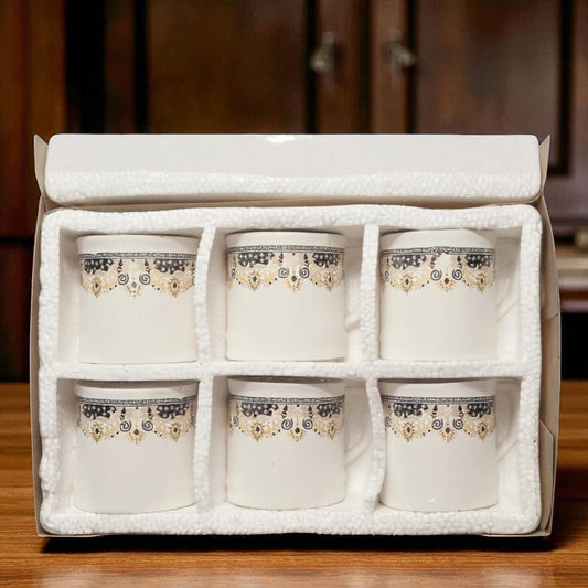 White Tea Cup Set - Pack of 6 Leaf Design Cups