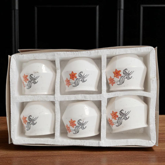 White Cups with Orange Flower Print  | Floral Tea Cup Set - 6 Piece