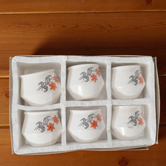 White Cups with Orange Flower Print  | Floral Tea Cup Set - 6 Piece