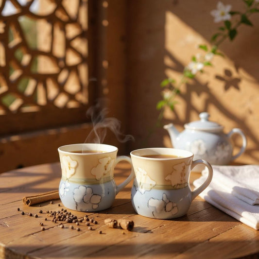 Artisanal Two-Tone Ceramic Tea/Coffee Cup Set (Set of 6) with Handcrafted Floral Design