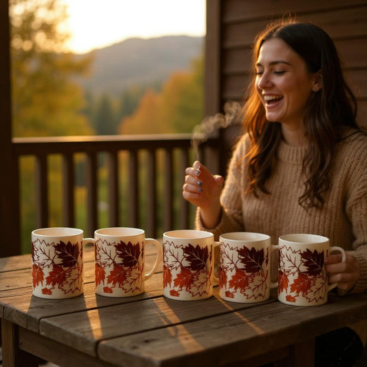Red Leaf Design Ceramic Mug – Stylish Tea & Coffee Cup for Home, Set of 6