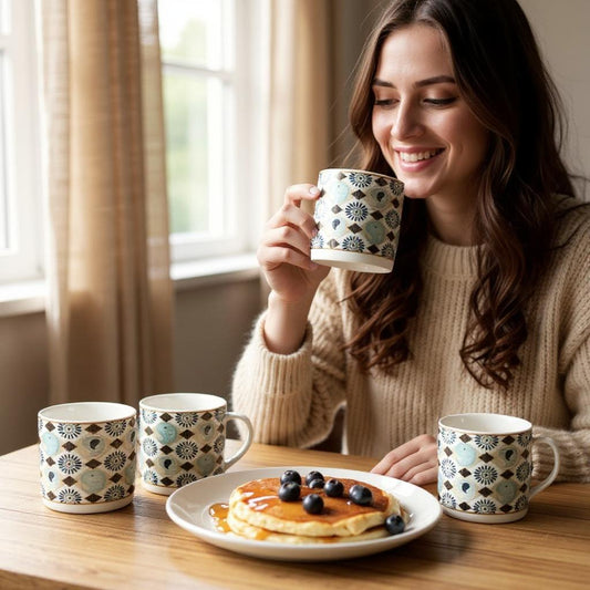 White Tea and Coffee Mugs – Set of 6 Geometric Multicolor Cups for Home, Office & Party