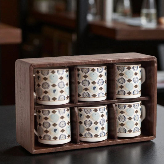 White Tea and Coffee Mugs – Set of 6 Geometric Multicolor Cups for Home, Office & Party