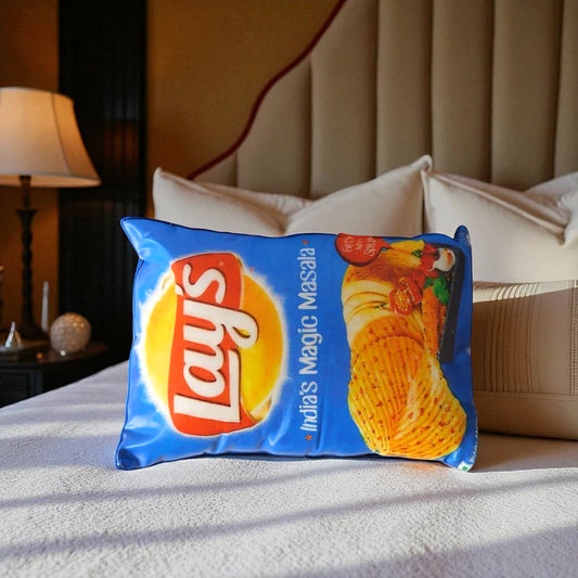 Lays Chips Pillow – Blue Printed Toy Pillow for Kids | Soft Washable Cushion