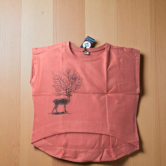 Pink Deer Design Girl Top T Shirt Cotton – Small Size Casual Wear