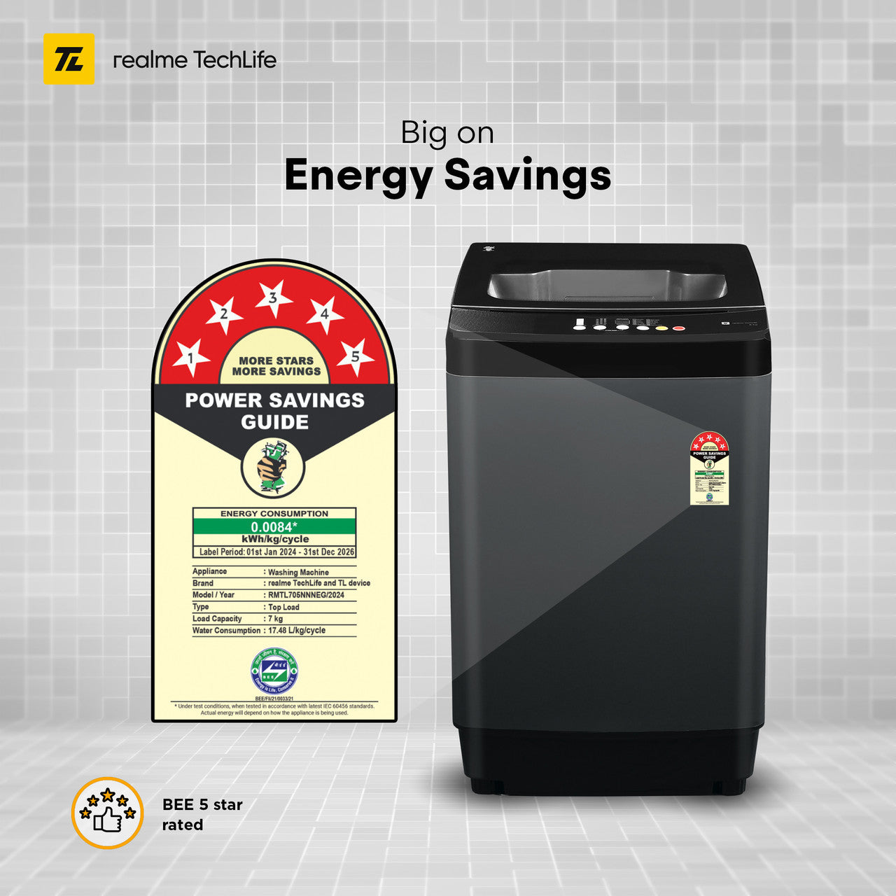 realme TechLife Washing Machine – 8 kg Fully Automatic Top Load (Grey, Tidal Wave Drum)