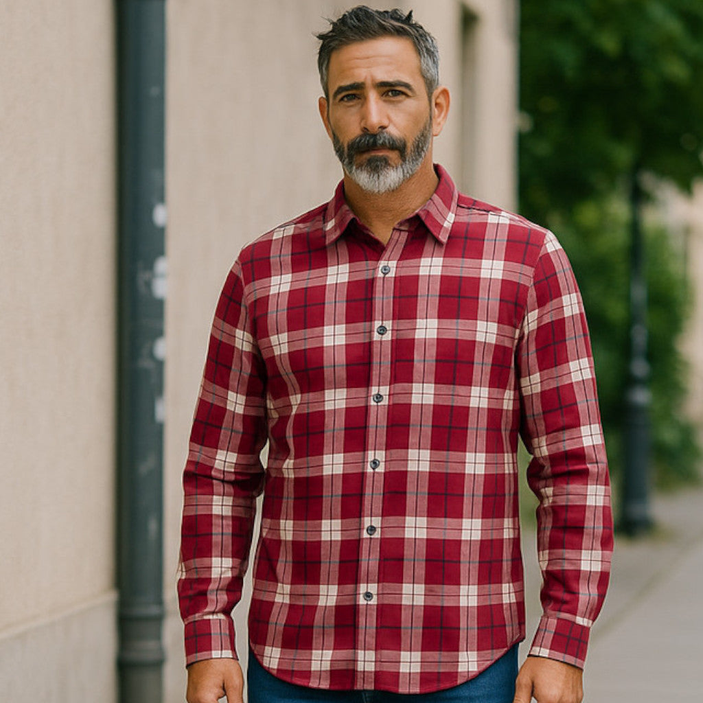 Men's Check Shirt – Red Slim Fit Shirt with Raised Collar | Full Sleeves, Stretchable (XL Size)