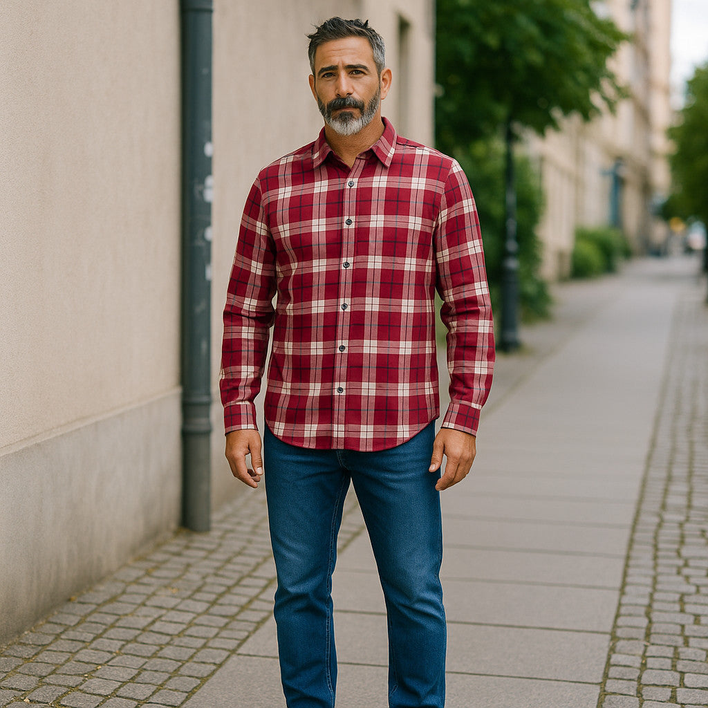 Men's Check Shirt – Red Slim Fit Shirt with Raised Collar | Full Sleeves, Stretchable (XL Size)