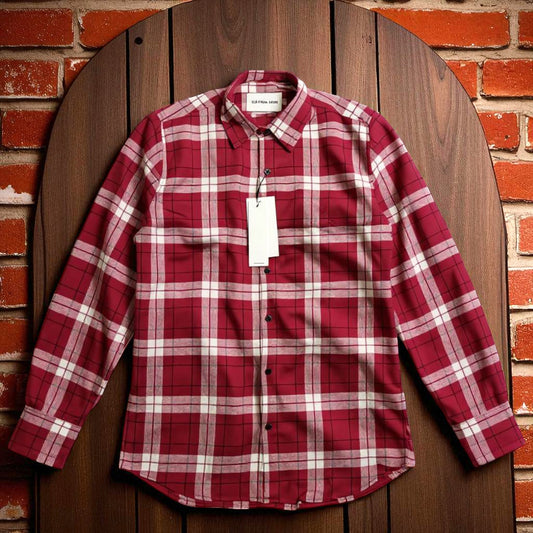 Men's Check Shirt – Red Slim Fit Shirt with Raised Collar | Full Sleeves, Stretchable (XL Size)