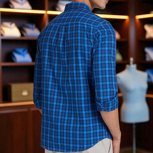 Blue Casual Shirt - Check Button Down Cotton Shirt for Men