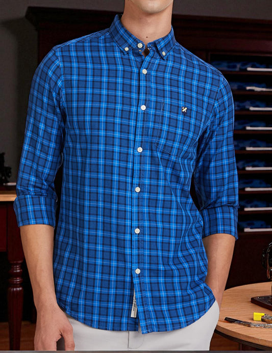 Blue Casual Shirt - Check Button Down Cotton Shirt for Men