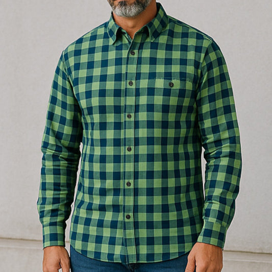 Men's Check Shirt – Green-Blue Raised Collar Regular Fit | Stretchable Full Sleeves