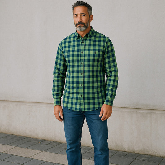 Men's Check Shirt – Green-Blue Raised Collar Regular Fit | Stretchable Full Sleeves