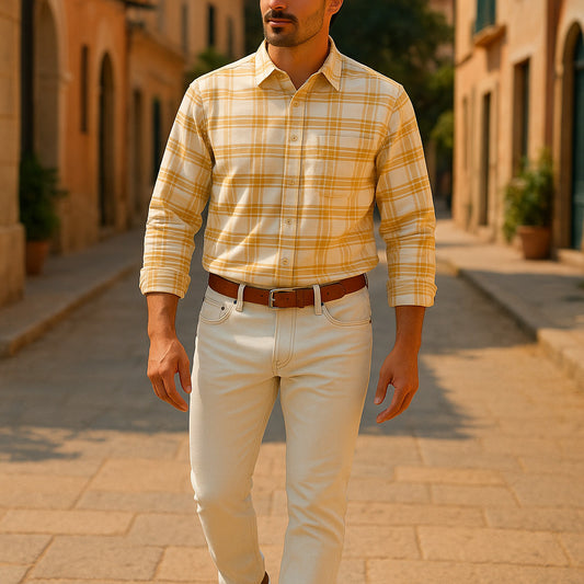Men's Check Shirt –Yellow White Slim Fit with Raised Collar | Stretchable Long Sleeve