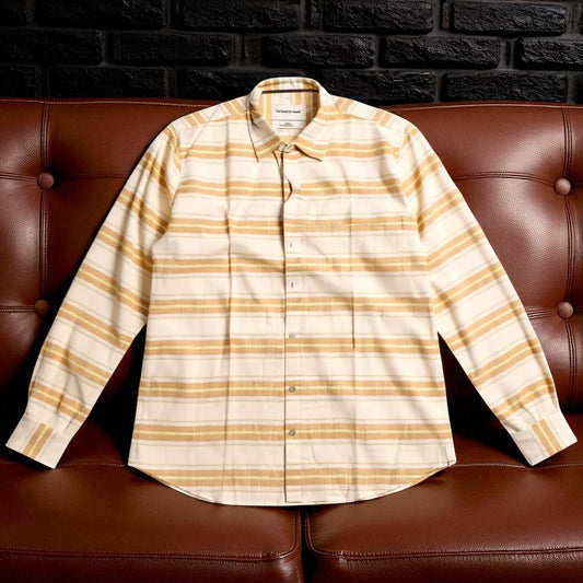Men's Check Shirt –Yellow White Slim Fit with Raised Collar | Stretchable Long Sleeve
