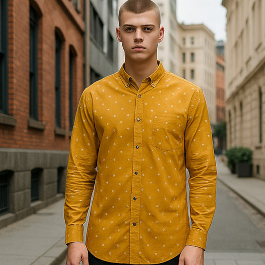 Yellow Floral Shirt for Men – XL Size Regular Fit | Long Sleeve & Stretchable Fabric