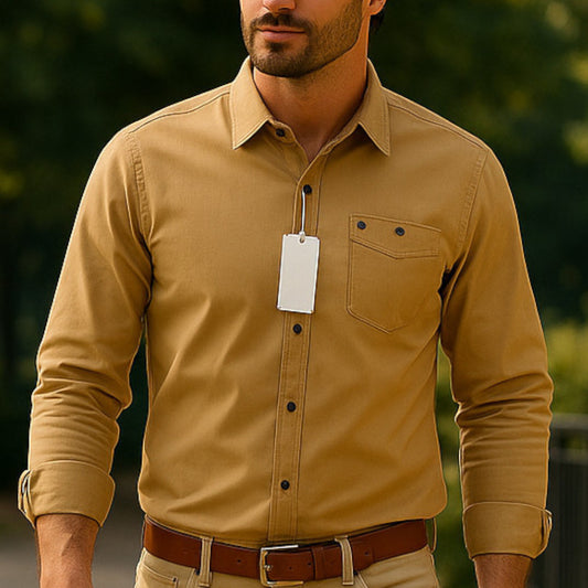 Men's Plain Shirt – Yellow Slim Fit with Raised Collar | Full Sleeves, Stretchable (M Size)
