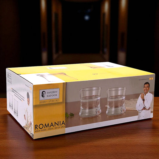 Sanjeev Kapoor Romania Rock Glass – Set of 6, 350ml Each – Premium Whisky & Spirit Glasses